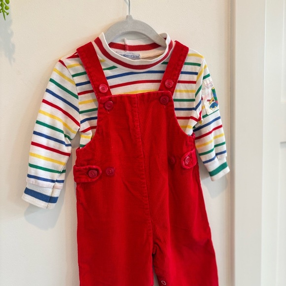OshKosh B'Gosh Vintage 80's Rainbow Striped Mock Neck 18 mos Shirt Red Overalls - Picture 3 of 14